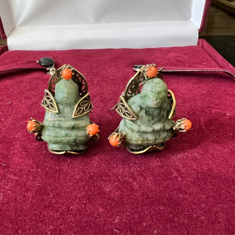 Vintage Gold Metal Filigree, Hand Carved Green Buddha Earrings